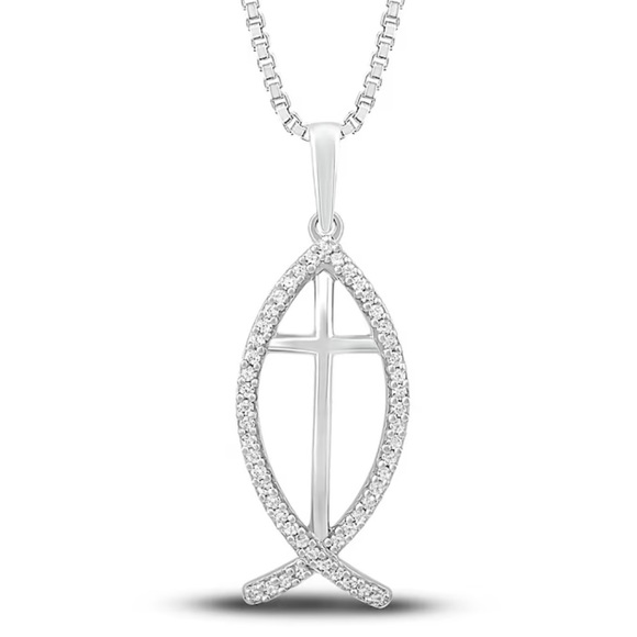 NEW! Diamond Ichthys Necklace 1/10 ct tw Round-cut Sterling Silver 18" - Picture 1 of 9